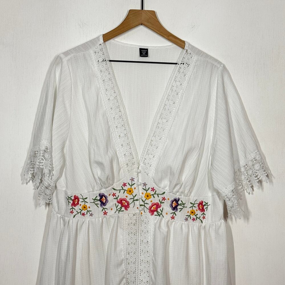 SHEIN Duster Maxi Dress Womens Size XXL White Floral Embroidered Boho Cover Up - Picture 4 of 12
